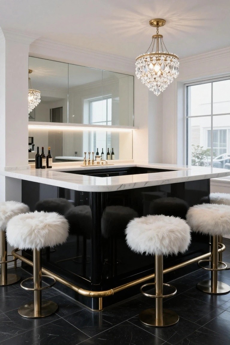 Corner bar counter featuring black glossy cabinetry base, white marble countertop, eight white fur-covered stools on brass pedestal legs, mirrored backsplash with LED lighting and wine bottles, brass chandelier overhead, in a white-walled room with black tile floor.