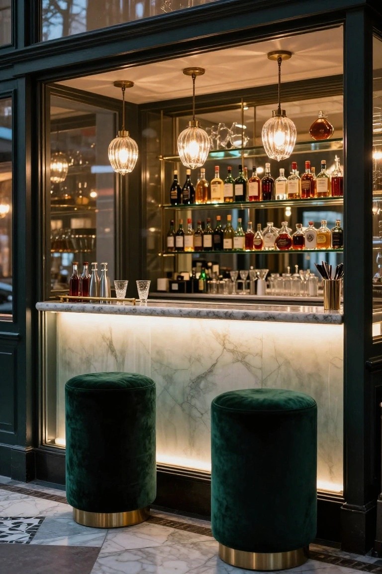 Glass-enclosed bar counter with white marble top and underlighting, green velvet stools with brass bases, shelves of liquor bottles, and pendant lights above.