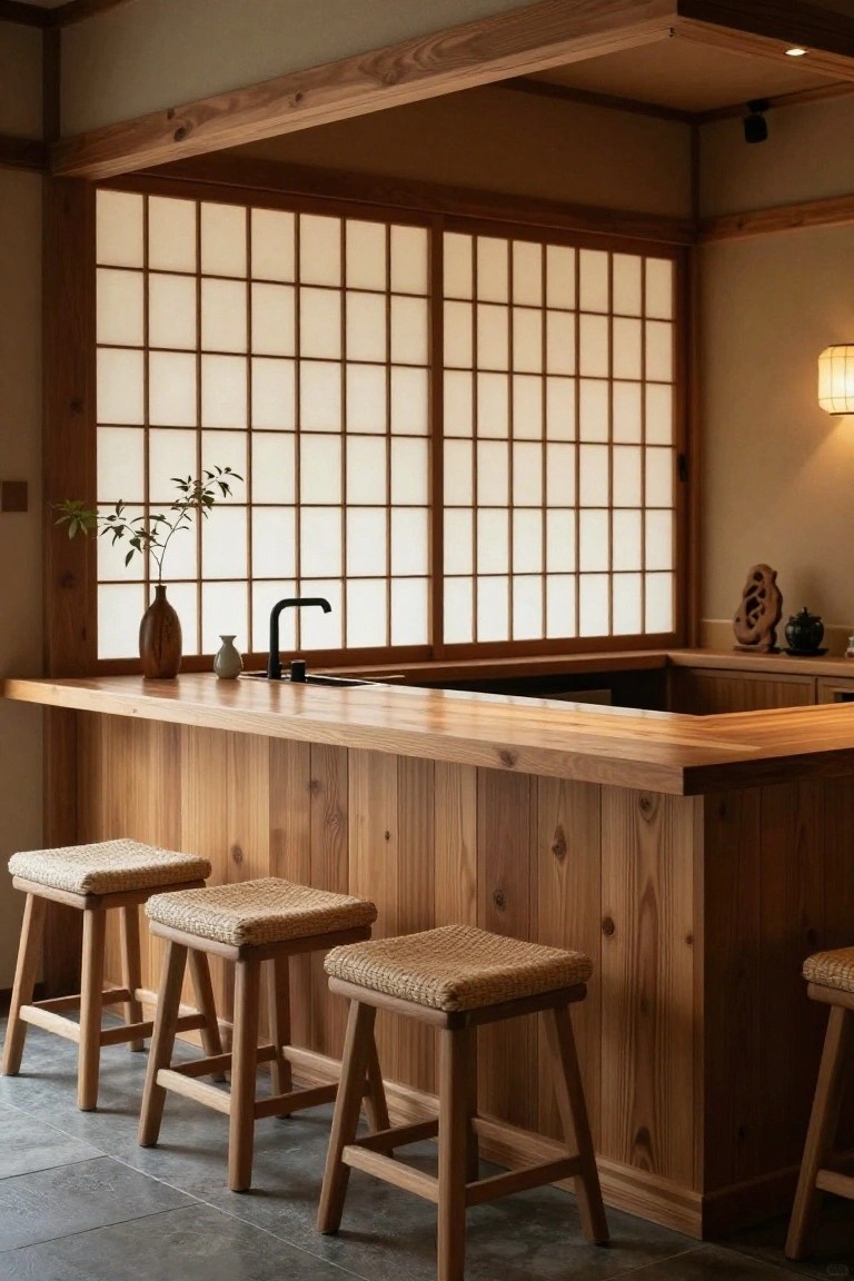 Wooden bar counter with four rattan stools, black faucet sink, small vases, and shoji screens in a minimalist Japanese-style kitchen interior.