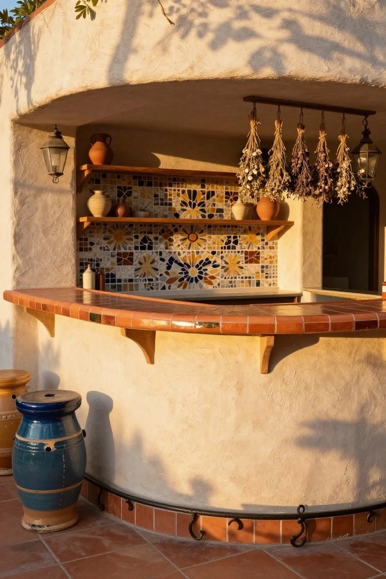 Curved terracotta-tiled bar counter in an arched outdoor alcove with colorful mosaic tile backsplash, wooden shelves holding clay pots, hanging dried herbs, lanterns, and a large blue jar on a red-tiled patio.
