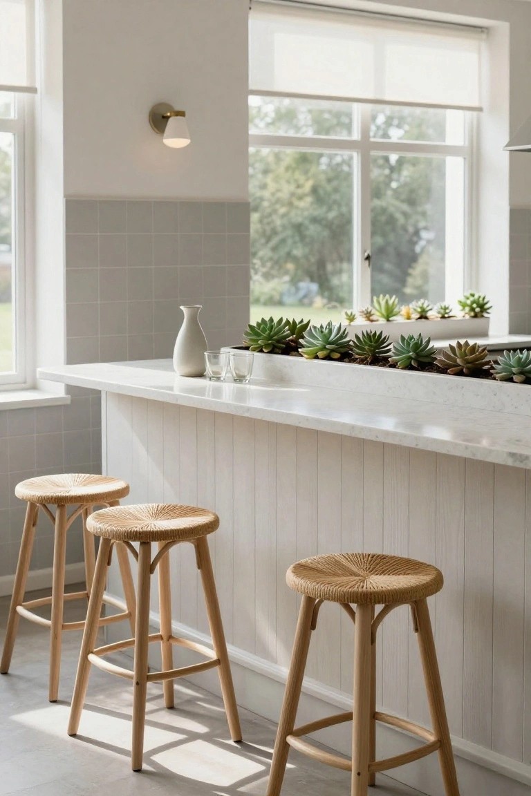 White kitchen bar counter with three rattan-wrapped bar stools, a row of potted succulents along the edge, glassware, and large windows with blinds overlooking greenery.
