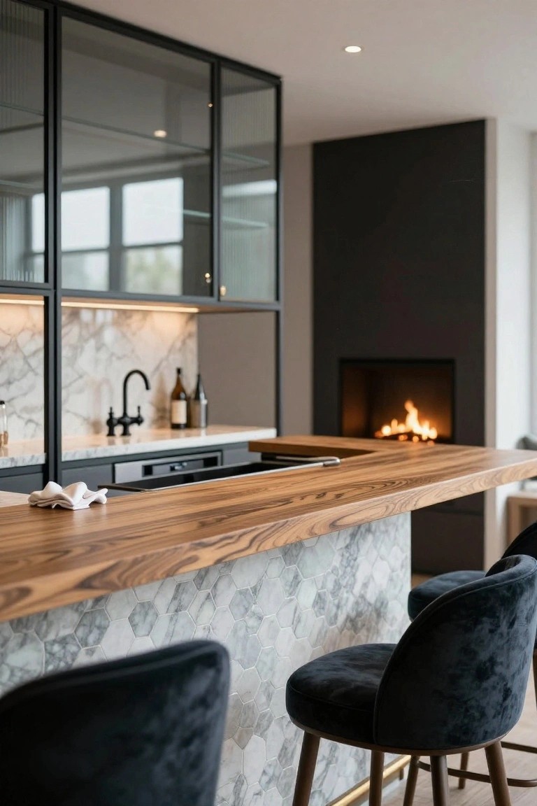 Kitchen bar counter with figured wavy wood top, gray marble hexagonal tile backsplash, two navy blue velvet upholstered stools, and a fireplace visible behind the island.