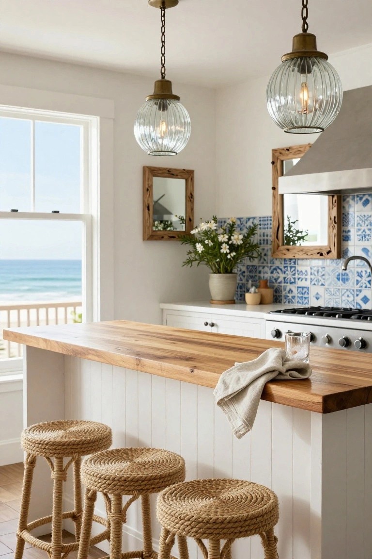 White coastal kitchen with elevated wooden bar counter, three rope-wrapped stools, blue tiled backsplash, pendant lights, and large window showing ocean view.
