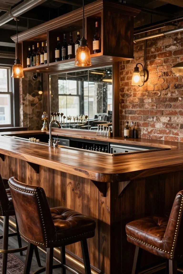 Wooden bar counter with curved top and paneled base, two tufted brown leather barstools with nailhead trim, exposed brick wall behind, wine bottles on wooden shelves, and warm pendant lights.