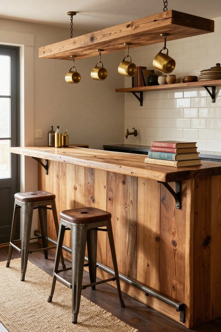 Rustic wooden bar counter with vertical plank front, live-edge top, two metal stools with foot rails, hanging brass mugs from overhead beam, and open shelves with books and dishes against white subway tile wall in a kitchen.