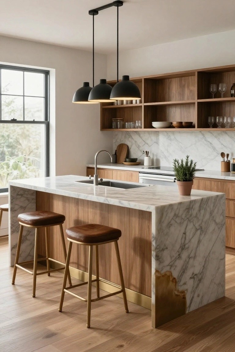Modern kitchen interior with white veined marble island countertop featuring waterfall edges over wooden base and cabinets, two tan leather bar stools on brass legs, black pendant lights, sink, and window view.
