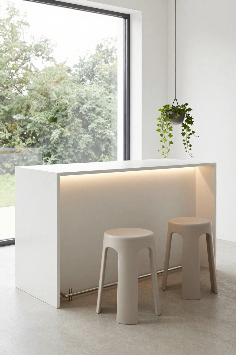 Modern white bar counter with integrated LED underlighting and two beige molded stools in a minimalist interior with concrete floor, hanging ivy plant, and large window showing trees outside.