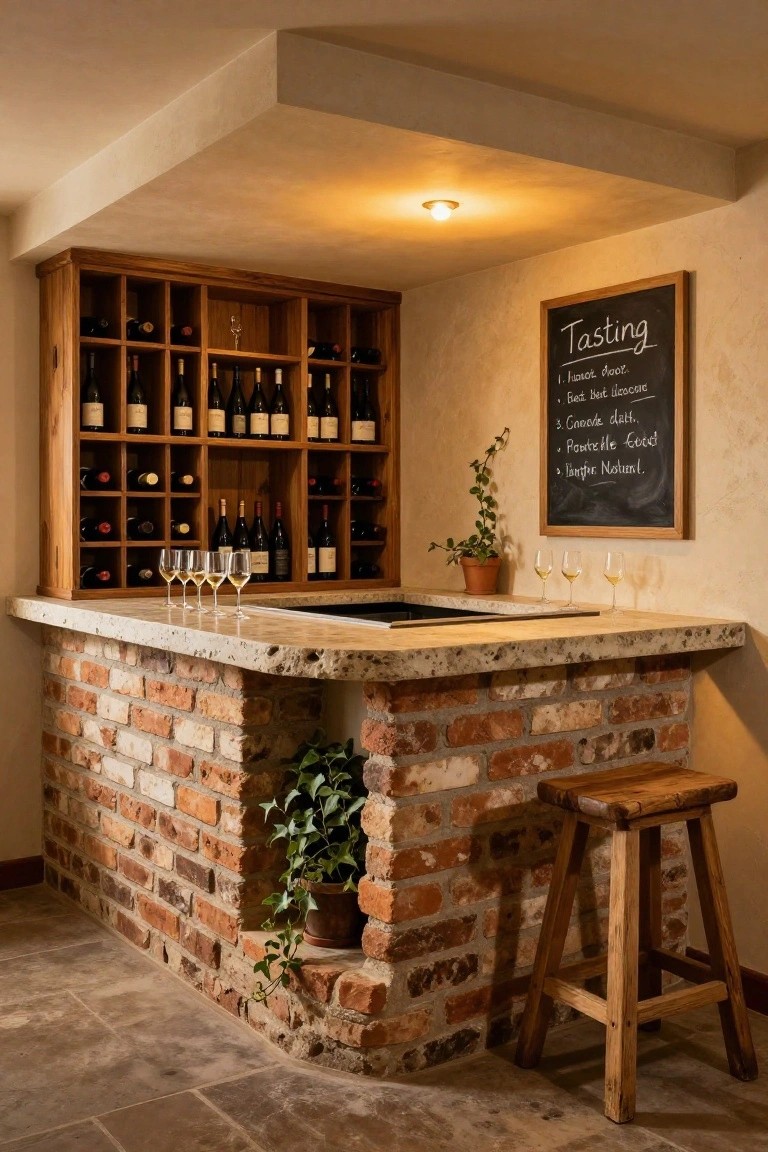 Wooden wine rack built into a wall next to an elevated bar counter with exposed brick base, stone countertop, wine glasses, plants, and a tasting menu chalkboard in an interior space.