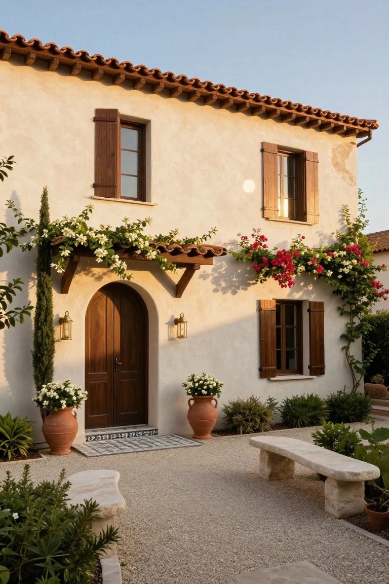 Mediterranean villa entrance with arched wooden door, terracotta pots, and blooming vines.