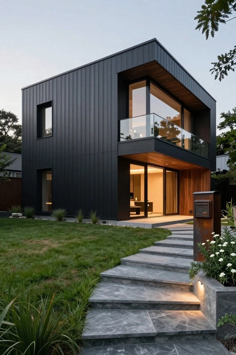 Modern boxy house with black corrugated metal siding, large glass corner window and balcony with glass railing, cedar wood entry canopy and doors, rusty metal mailbox, gray stone pathway with lights, grass lawn, and native plants at dusk.