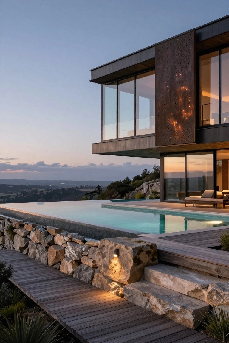 Modern cantilevered house corner with glass walls, perforated metal cladding, infinity-edge pool, wooden deck, stone retaining walls, and hillside landscape at dusk.