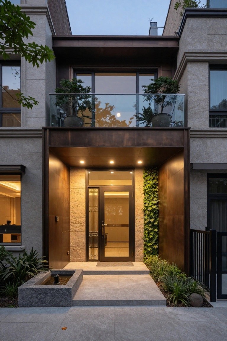 Modern two-story house exterior at dusk showing a recessed glass entry door under a cantilevered dark bronze metal canopy, with beige stone cladding, vertical green wall on one side, glass balcony with potted plants above, small linear water feature, and low plants in the foreground.