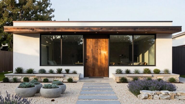 21 Elevated Modern Luxury House Exterior Ideas For A Dreamy Look Modern single-story house exterior with white stucco walls, a tall wooden pivot door, adjacent glass sliding doors, a cantilevered wooden overhang, built-in bench, and front landscaping of succulents, lavender, and gravel pathways.