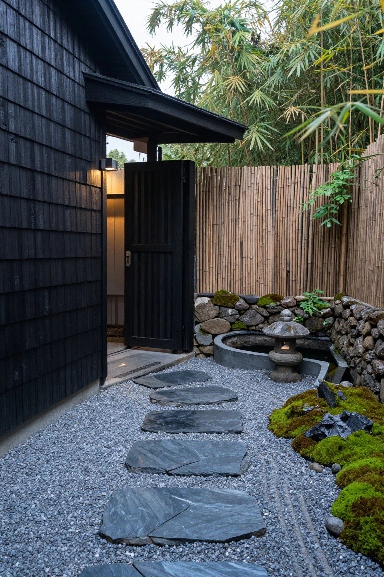 Black shingled house wall with open wooden door next to a gravel yard featuring irregular dark slate stepping stones, moss-covered rock wall, stone lantern basin, and bamboo fencing.