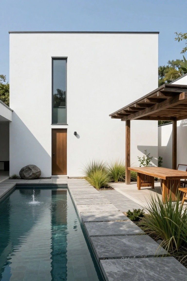 White stucco house exterior wall with narrow vertical window, wood door, large rock, adjacent narrow pool with fountain, gray stone pavers, grasses, and wooden pergola shading teak dining table.
