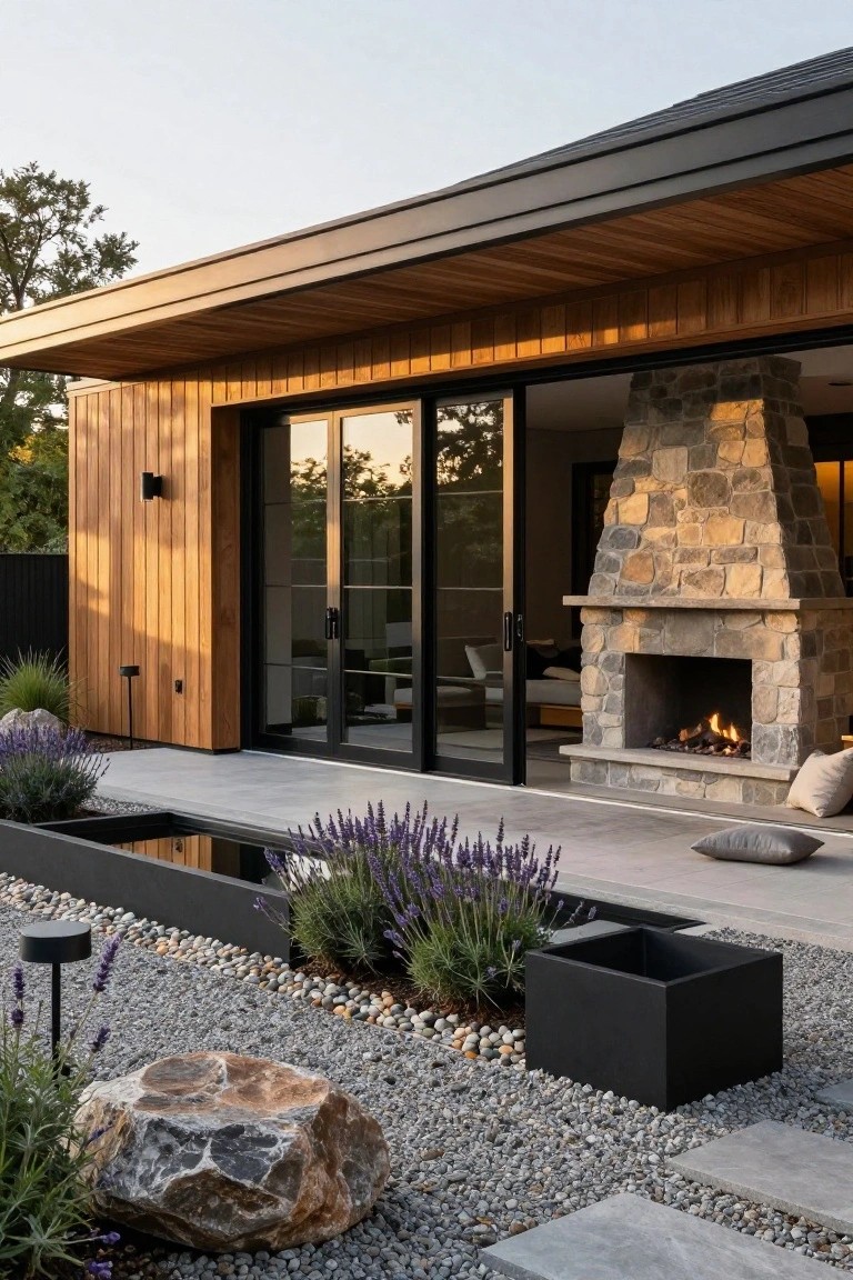 Modern house exterior featuring vertical wood siding on the wall, a wooden ceiling under a cantilevered roof overhang, large black-framed sliding glass doors opening to a concrete patio with a tall stone outdoor fireplace, gravel ground cover, lavender plants, black planters, and large rocks.
