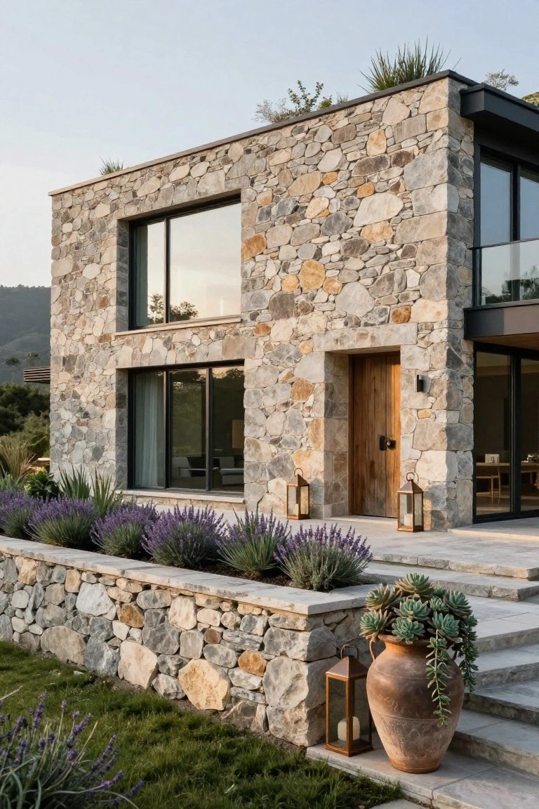 Modern two-story house exterior with irregularly shaped light stone walls, large black-framed glass windows, wooden entry door with lanterns, stone steps leading to the entrance, lavender plants and agave along a retaining wall, and a large terracotta pot with succulents.