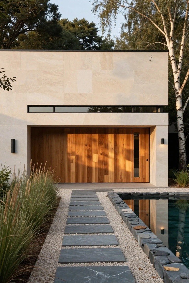 Modern house exterior featuring beige stone walls, large wooden slat garage door with glass panel, black wall lights, stone path edged with pebbles leading to a pool, ornamental grasses, and birch trees.