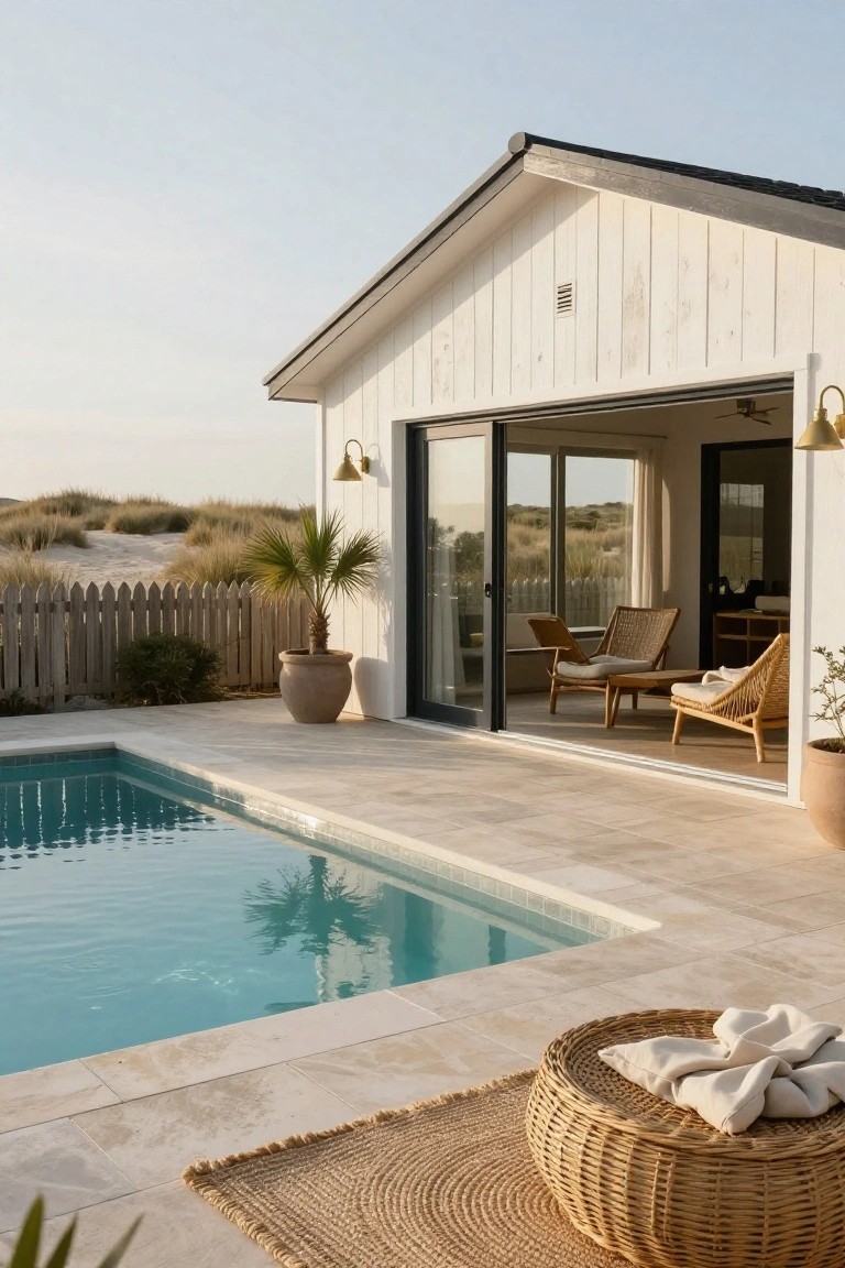 White board-and-batten sided house exterior with large open black sliding glass doors adjacent to a turquoise pool on a light stone deck, potted palm tree and rattan furniture nearby, dunes in the background.