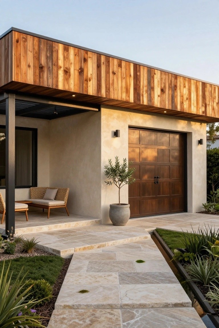 Modern house exterior with vertical wood cladding on overhanging upper section, beige stucco lower walls and wooden paneled garage door, rattan seating under metal pergola, travertine tile steps and pathway with low plants and olive tree.