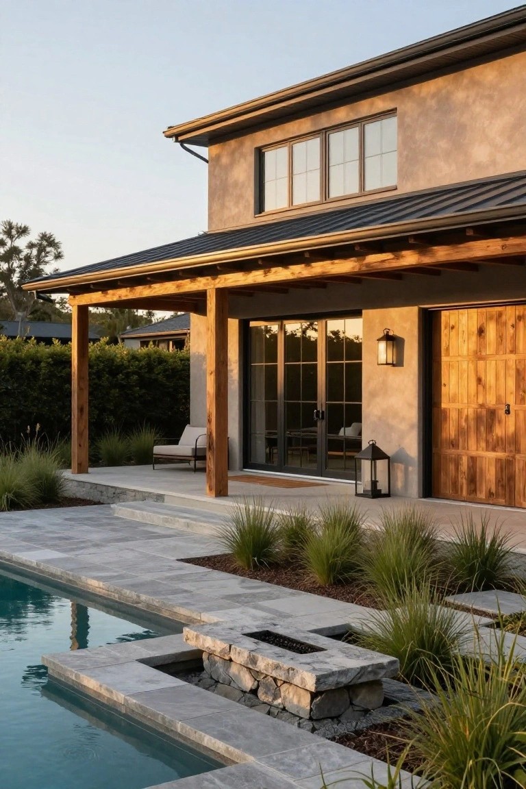 Side exterior of a beige stucco house with dark metal roof, exposed wooden beams on porch, wooden garage door, sliding glass doors, stone fire pit at edge of rectangular pool, and ornamental grasses.