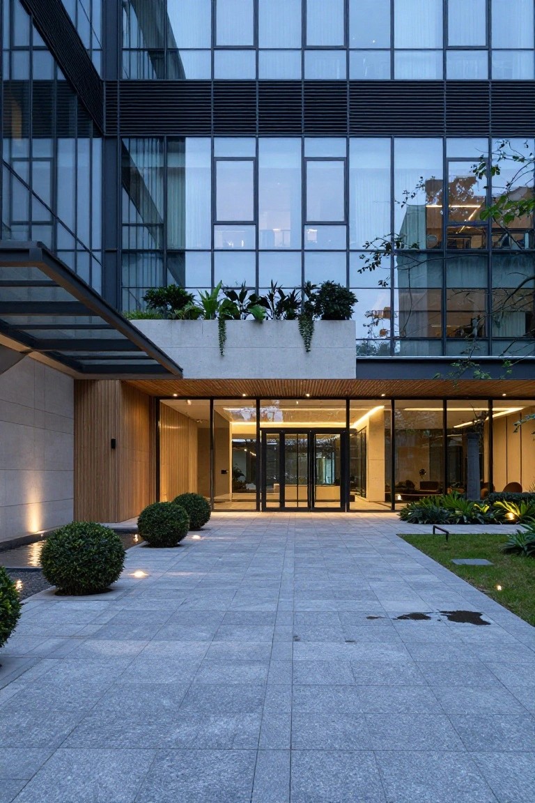 Modern multi-story building exterior with large glass windows, a cantilevered wooden canopy over double glass entry doors, a gray stone pathway lined with lit boxwood topiaries, and surrounding plants at dusk.
