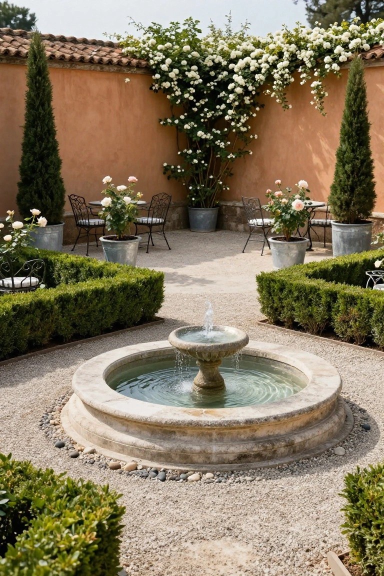 A circular stone fountain in the center of a gravel courtyard with terracotta walls, symmetrical boxwood hedges, potted roses near iron chairs and tables, tall cypress trees, and white climbing roses on the walls.
