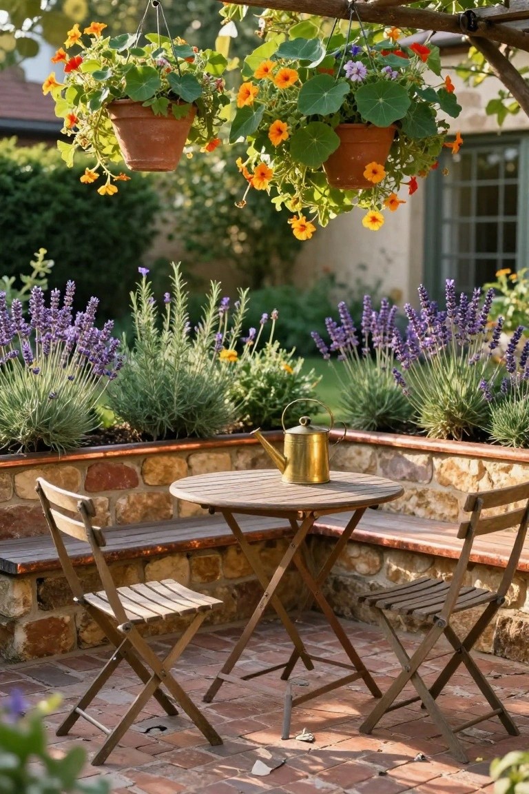 Small round wooden table with brass watering can centered between two wooden folding chairs on brick patio against raised stone beds of lavender and shrubs, hanging terracotta pots of orange flowers overhead, stone wall and house in background.