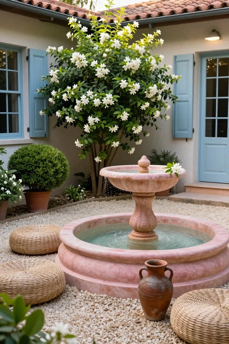 Pink stone fountain centered in a gravel courtyard with white gardenia tree, boxwood shrubs, potted plants, terracotta amphora, woven poufs, and blue-shuttered doors on white walls under terracotta roof.