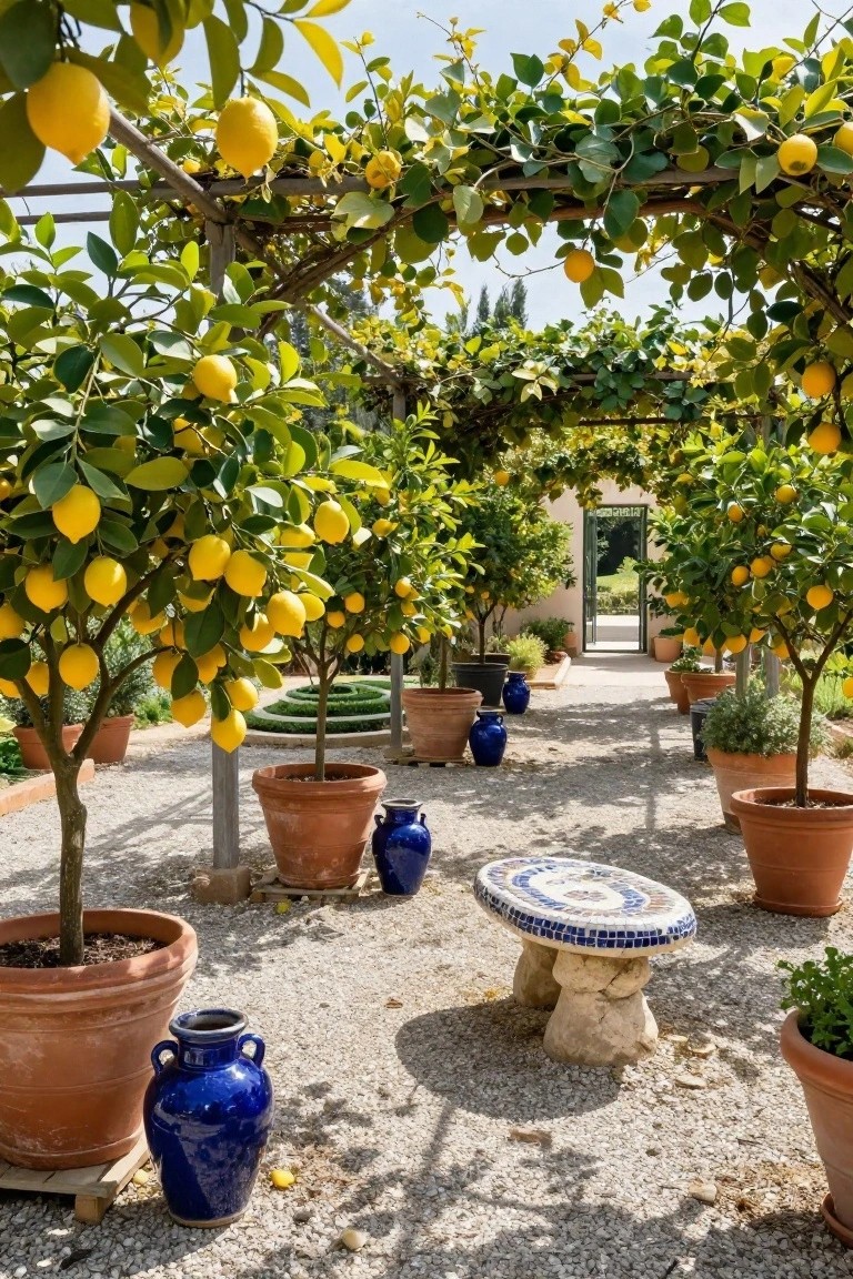 Gravel garden path under a vine-covered wooden pergola archway, lined with lemon trees in large terracotta pots, blue ceramic vases, and a mosaic-topped stone bench.