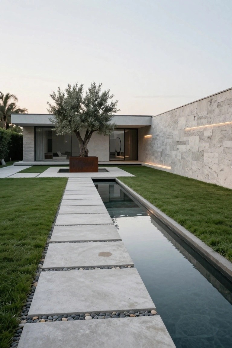 Modern minimalist courtyard with white stone house facade, large glass entry doors, olive tree in rust planter, straight concrete slab pathway parallel to long narrow reflecting pool, grass borders, and pebble details.