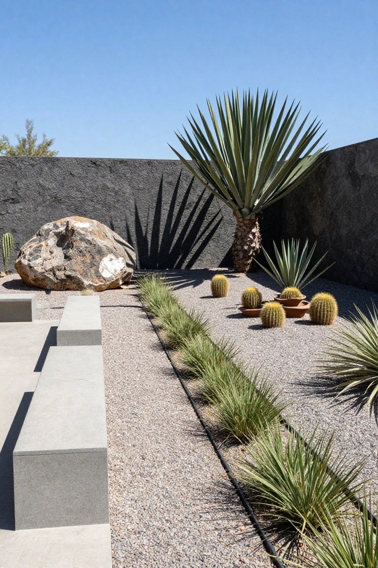 Desert garden landscape with a large rugged boulder, tall yucca plant, clustered barrel cacti in pots and ground, linear grass borders along gravel path, concrete benches, and textured stone wall under clear blue sky.