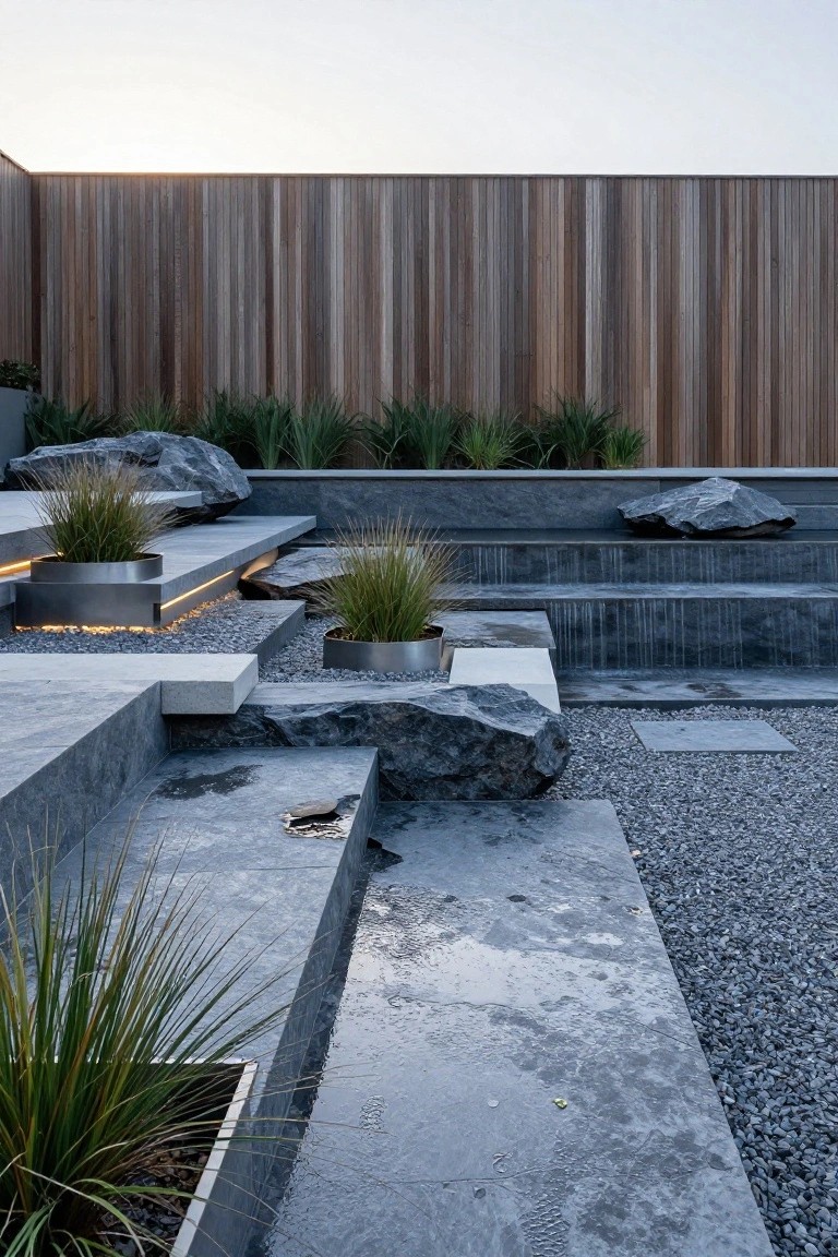 Terraced gray stone garden with large boulders placed on steps and platforms, grasses in metal planters, gravel ground cover, LED-lit edges, water cascade, and wooden fence in the background.