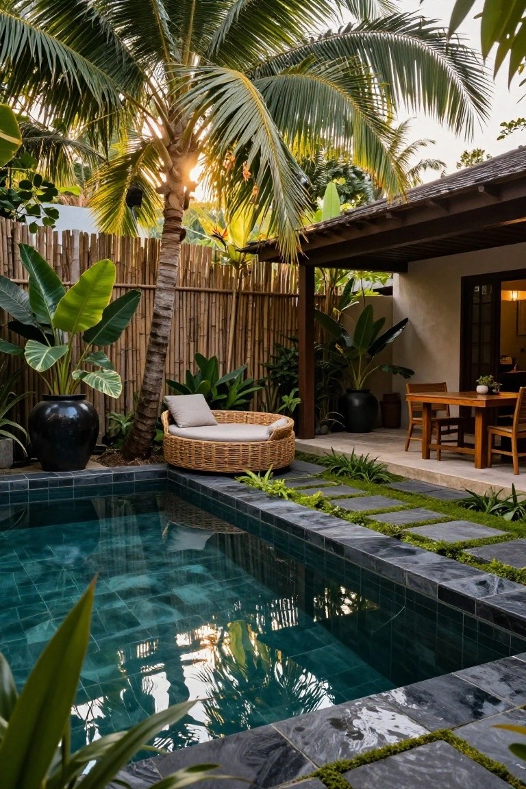 Small turquoise-tiled plunge pool on a stone terrace next to a villa, with a round rattan daybed lounger, wooden dining table and chairs, tropical plants, palm tree, and bamboo privacy fence.