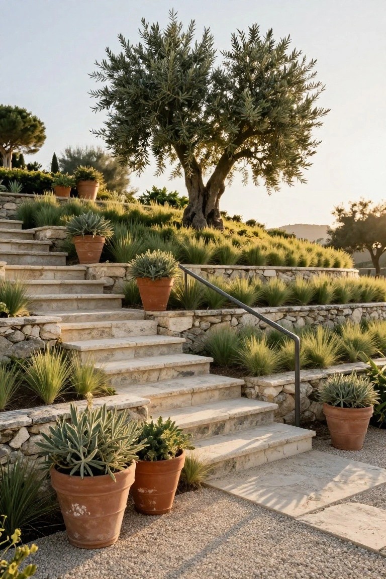 Stone terraced steps winding up a hillside garden, lined with terracotta pots of agave and grasses, flanked by stone walls and backed by olive trees and golden grasses.