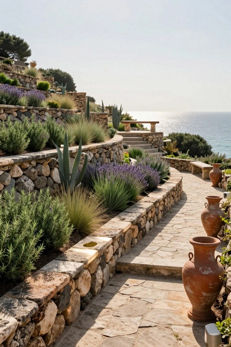 Terraced hillside garden featuring dry-stacked stone retaining walls with lavender, agave, rosemary, and ornamental grasses, stone steps, a wooden bench, terracotta pots, and a view of the sea.