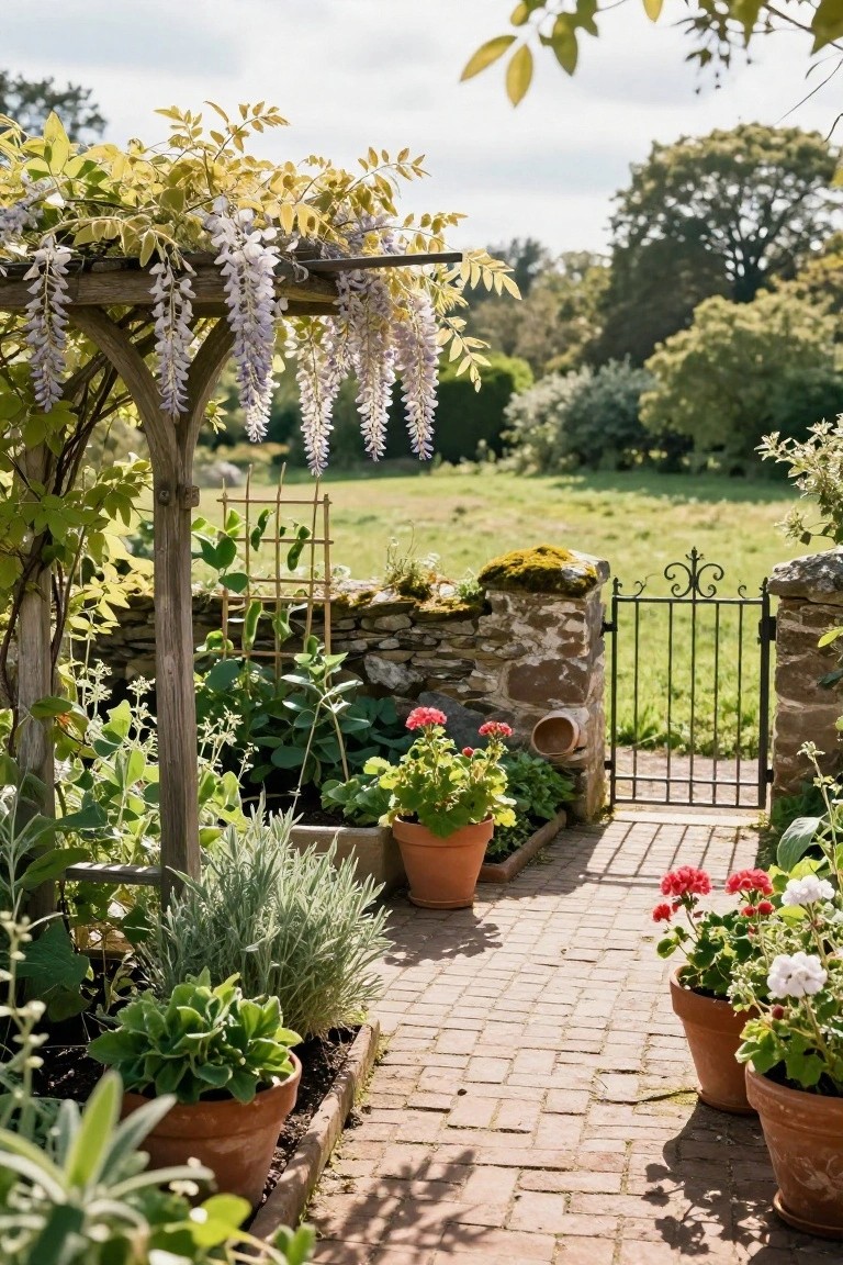 A red brick pathway through a lush garden, lined with terracotta pots containing geraniums, lavender, and herbs, under a wooden pergola draped with white wisteria flowers, beside a moss-covered stone wall with black iron gate leading to a green field.