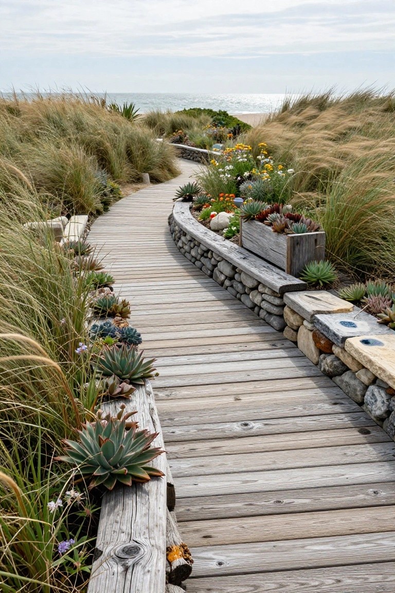 Curved wooden boardwalk path winding through tall beach grasses and succulents planted in stone retaining walls and wooden planters, leading toward the ocean.