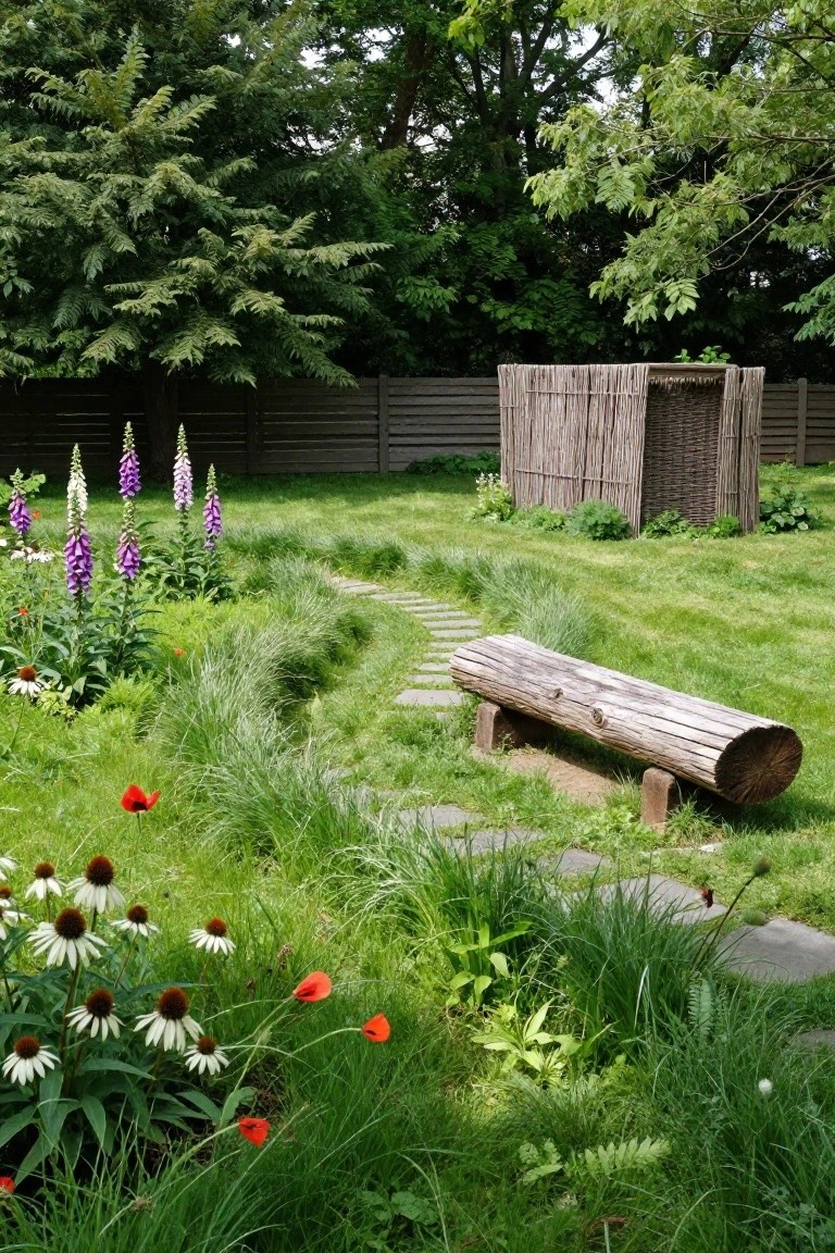 Lush green garden with a curving stone path through tall grasses, purple foxgloves, red poppies, white coneflowers, and other flowers leading to a log bench, wooden fence, and woven reed structure in the background.