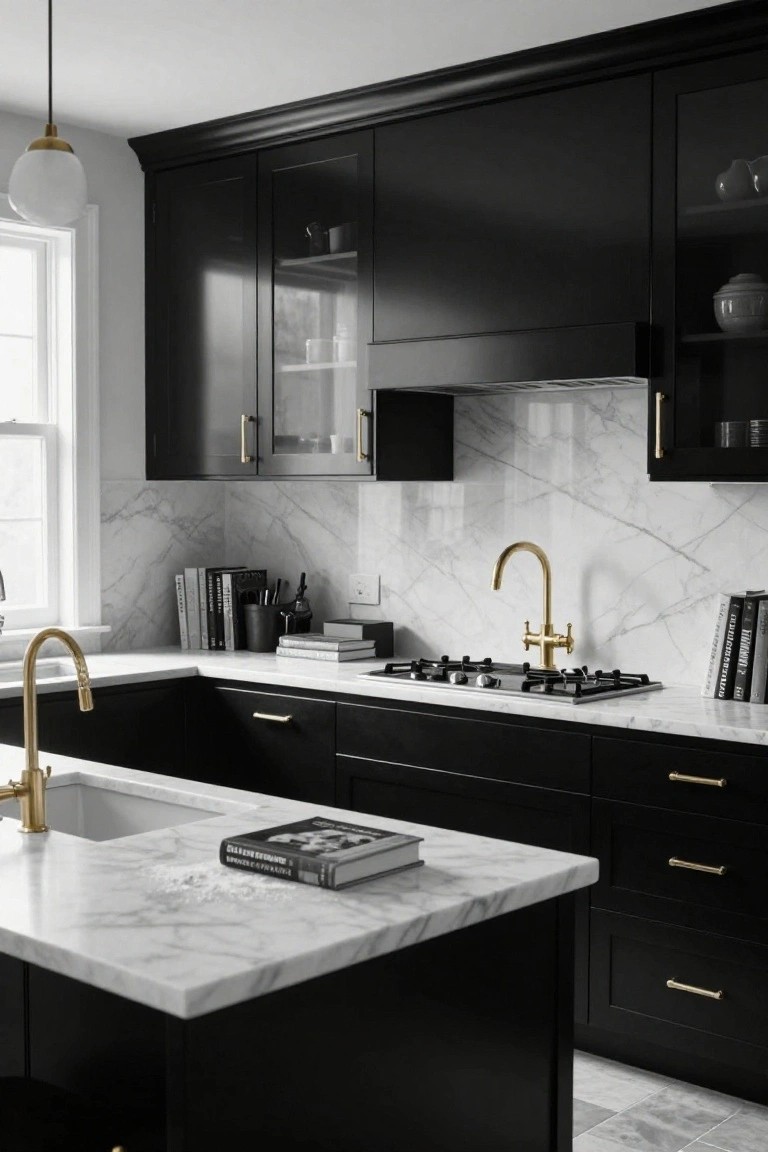 Modern kitchen with black cabinets, glass-front uppers, white marble countertops and backsplash, gold faucets at sink and cooktop, and black island.