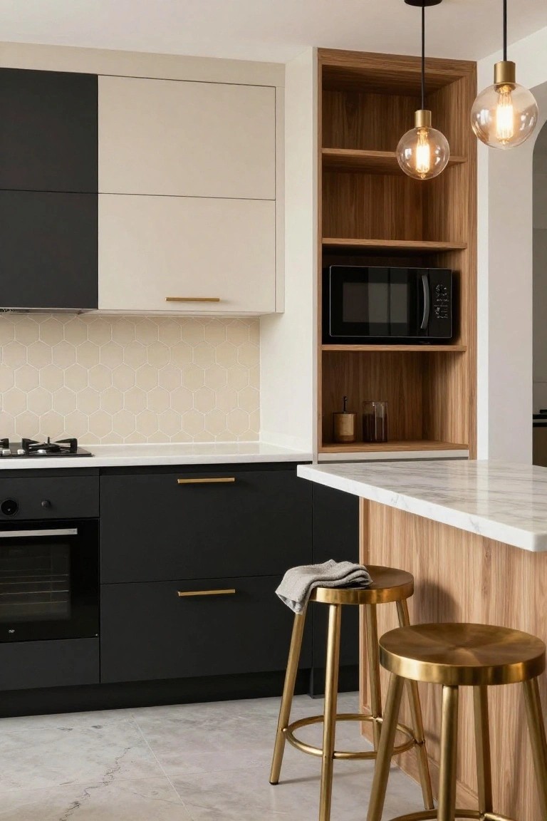 Modern kitchen with matte black lower cabinets and light beige upper cabinets featuring slim gold pulls, hexagonal beige tile backsplash, white marble island with wood paneling and two gold bar stools, built-in oven and microwave, and three hanging globe pendant lights.