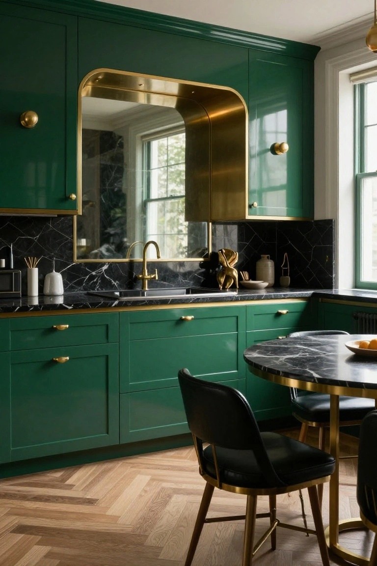 Glossy emerald green lacquered kitchen cabinets with brass hardware, black marble countertops and backsplash, arched brass-framed mirror above the sink, and a round black marble table with black leather chairs on herringbone wood flooring.