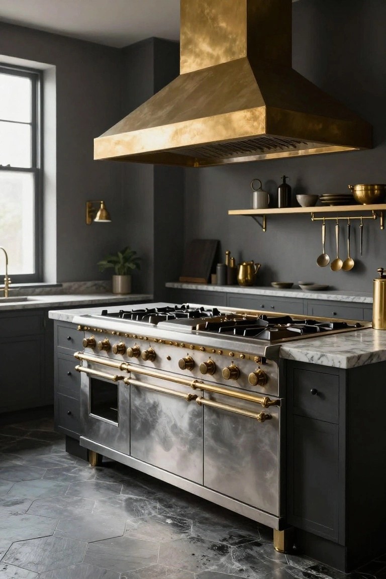 A luxury kitchen with a large stainless steel and brass professional range cooker featuring multiple gold knobs, under a tall brass hood, flanked by dark gray cabinets, white marble counters, and dark hexagonal floor tiles.