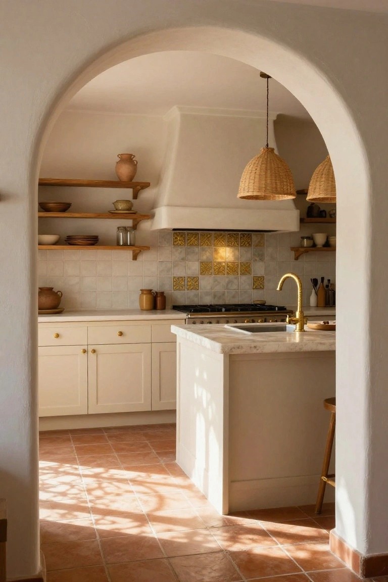 Kitchen viewed through a white archway with cream cabinets having gold knobs and pulls, white island topped with stone and featuring gold faucet, terracotta tile floor, woven pendant lights, and open wood shelving with pottery.