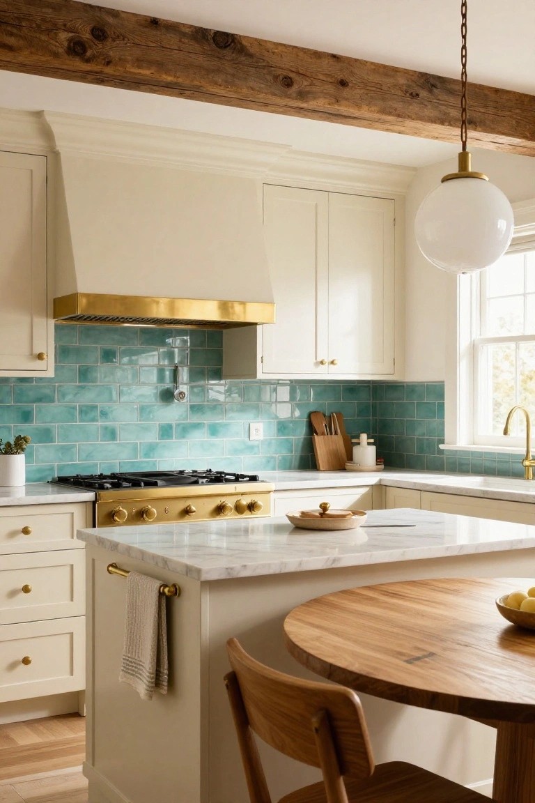A kitchen with off-white shaker-style cabinets, brass range hood over a teal subway tile backsplash, gold-handled gas range, white marble countertops, gold faucet, wooden round table, and wooden chairs.