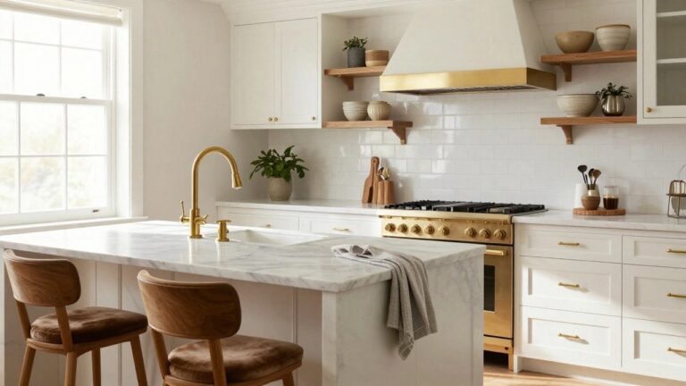 White shaker-style kitchen cabinets with gold hardware on a gold-accented range, gold faucet over a white sink, marble island with brown upholstered stools, and wood floors.