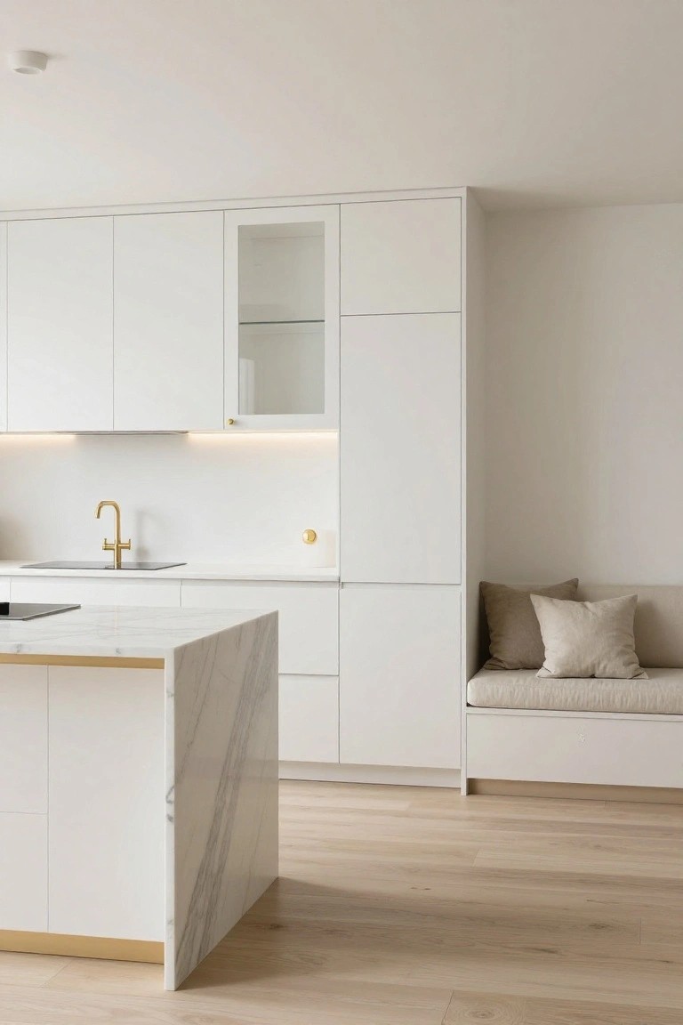 White flat-panel kitchen cabinets with a gold faucet at the sink, marble island countertop edged in gold, built-in bench with beige cushions, and light oak wood floors.