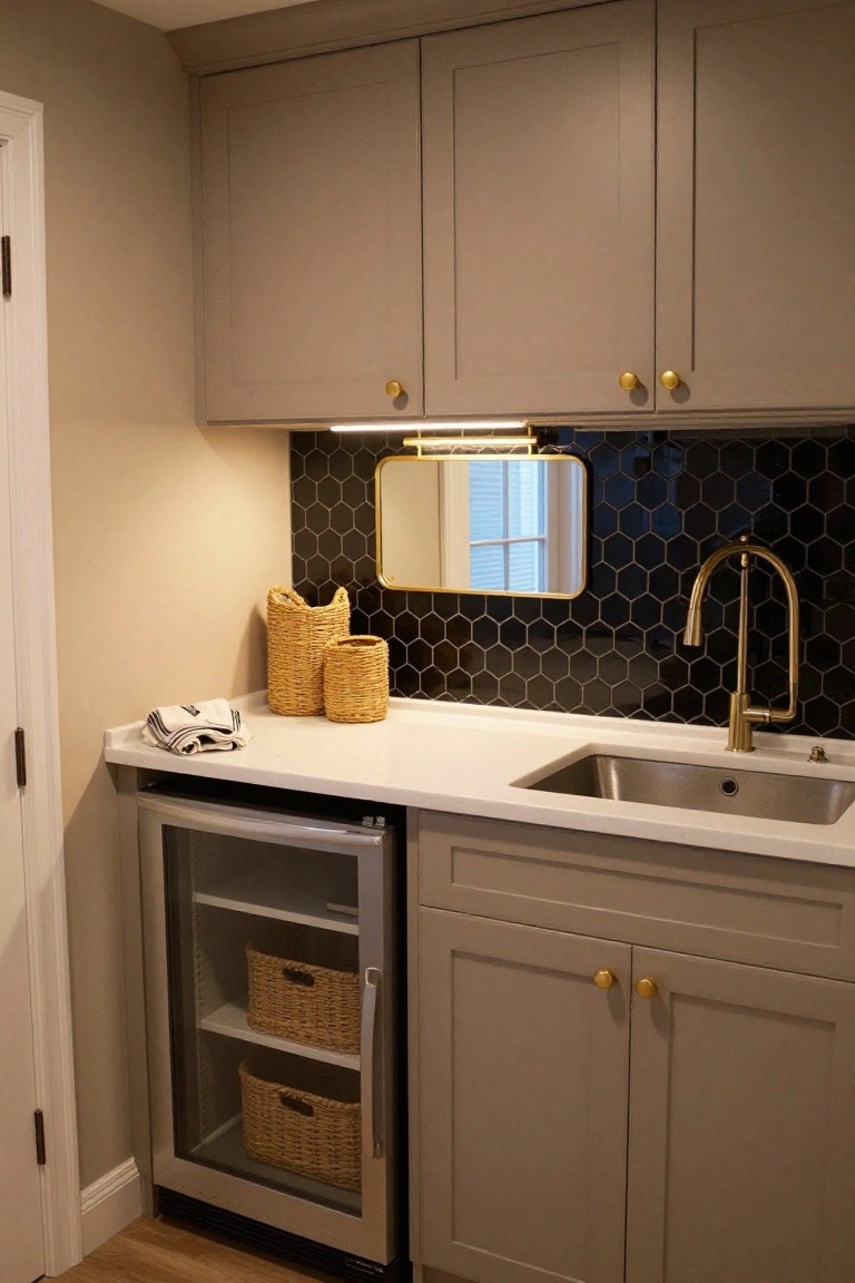 Small indoor kitchen or laundry space featuring upper and lower greige shaker-style cabinets with gold knobs, white quartz countertop, stainless steel sink, gold gooseneck faucet, black hexagonal tile backsplash, under-counter silver beverage refrigerator, and woven baskets on counters and shelves.