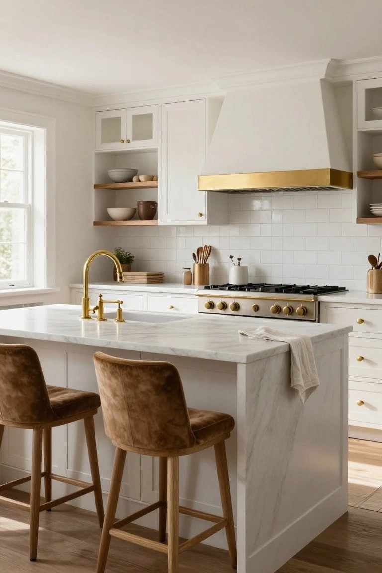 White shaker-style kitchen cabinets with gold hardware on a gold-accented range, gold faucet over a white sink, marble island with brown upholstered stools, and wood floors.