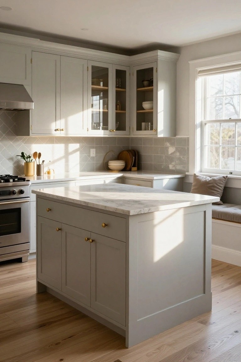 A sunlit kitchen with white shaker cabinets, light gray island topped in white marble, gold pulls and knobs on drawers and doors, stainless steel appliances, gray subway tile backsplash, and a cushioned window bench.